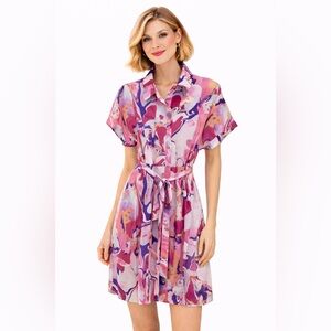 AKOZ soft multi-coloured button front dress with cuffed short sleeves NWT